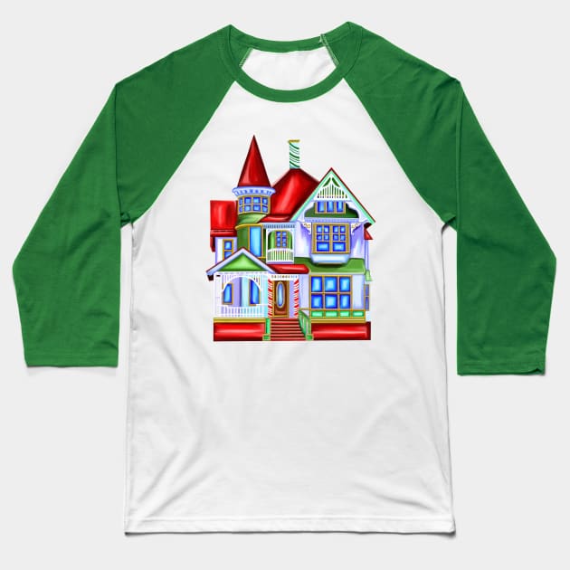 Christmas Victorian House Baseball T-Shirt by Art by Deborah Camp